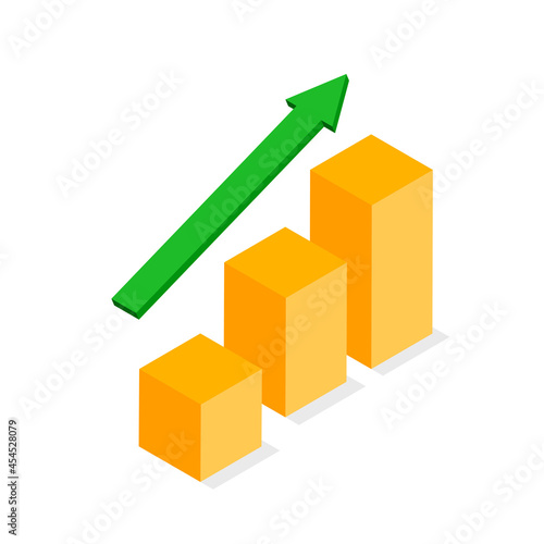 Up arrow stocks graph. Money profit. Financial growth concept with stack of gold coins. Business success, investment income, capital gains, benefits. Vector illustration isolated on white background.
