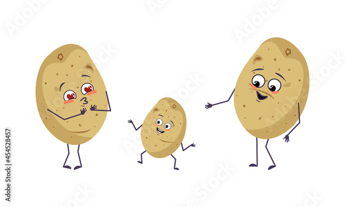 Family of potato characters with joyful emotions, smile face, happy eyes, arms and legs. Mom is happy, dad is wearing a hat and the child is dancing. A funny mischievous vegetable hero