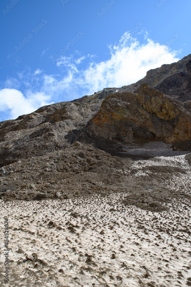 The slope of the Mutnovsky volcano with a view of the top, glacier and stone scree. Kamchatka Peninsula. The slope of the Mutnovsky volcano with a view of the top, glacier and stone scree. Kamchatka Peninsula.