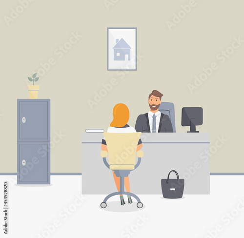 Bank office or insurance company. Employee man serve customer woman with leather bag.Talking about loan or deposit or opening account.Interior with safe and painting with house.Vector illustration