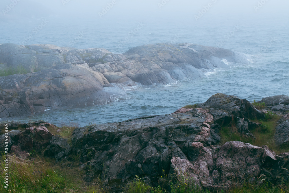 Northern landscape - foggy sea and waves on the rocks. Up on a cliff.
