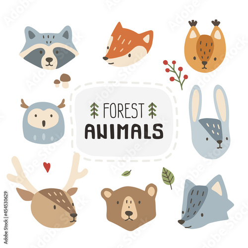 Forest animal cute head set. Collection of elements for for textile, fabric, apparel, wrapping, paper, stationery.
