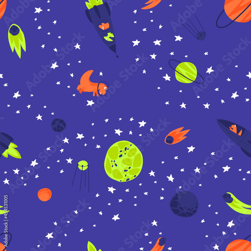 Outer space seamless pattern with planets, stars and rockets. Dino travels in a rocket through the galaxy. Children's packaging with a space dinosaur. Flat illustration images.