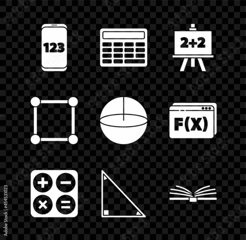 Set Mobile calculator interface, Calculator, Chalkboard, Triangle math, Open book, Geometric figure Square and Sphere icon. Vector