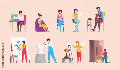 Creative artistic hobbies set. Man and woman amateurs leisure activity cartoon vector