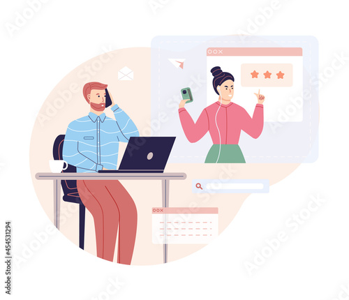 Angry female call to customer service support with complaint negative feedback problem low rating