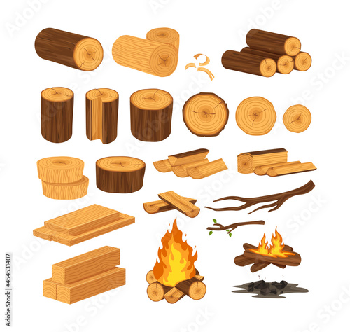 Wood industry products, tree trunks, bark, branches, planks, chest, shavings, firewood boards, fire burning wooden logs, wood campfire.