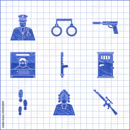 Set Police rubber baton, Judge, Sniper rifle with scope, Prison cell door, Footsteps, Wanted poster, Pistol gun silencer and officer icon. Vector