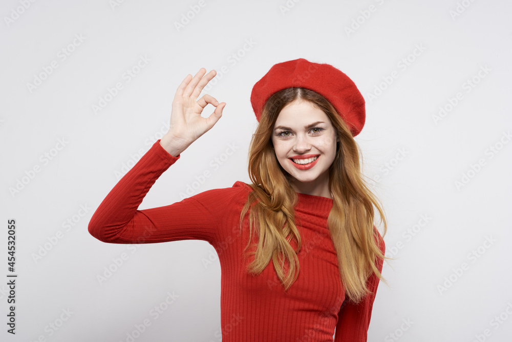 pretty woman hand gesture fun Red lips luxury isolated background pretty woman hand gesture fun Red lips luxury isolated background