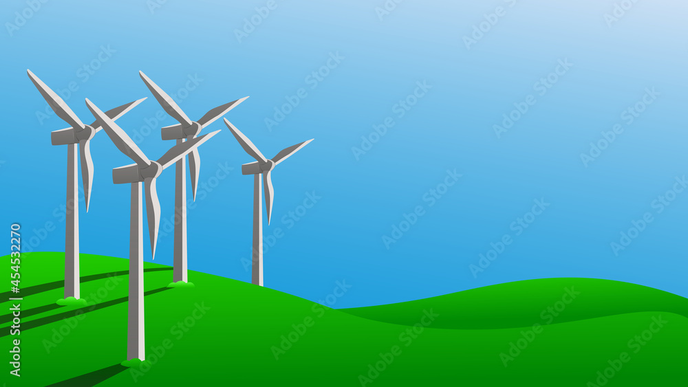 Fototapeta premium Concept using green energy to protect environment. Windmills generate electricity on green grass. Vector illustration.