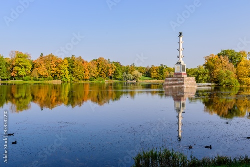 Sightseeing of Saint Petersburg. The Chesmenskaya column in Catherine Park, Pushkin (Tsarskoe Selo), Russia 