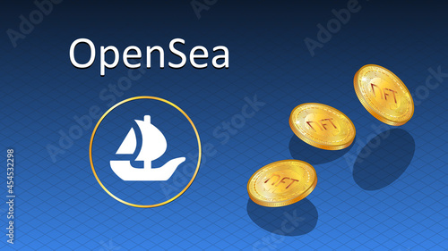 OpenSea text and logo internet platform NFT token market and auction with falling golden coins. New trend in collectibles sales. Banner for news and media. Vector illustration.