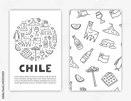 Card templates with doodle outline Chilean icons.