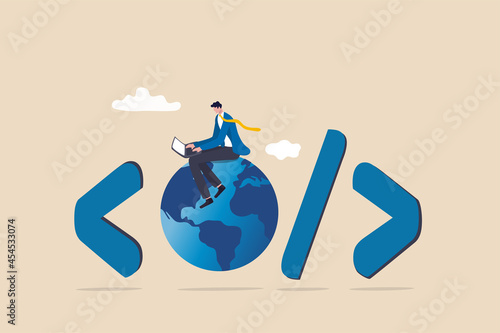 Website development, www application coding, technology create online cyberspace software connect through the internet concept, software engineer coding on laptop sitting on globe with coding symbol.