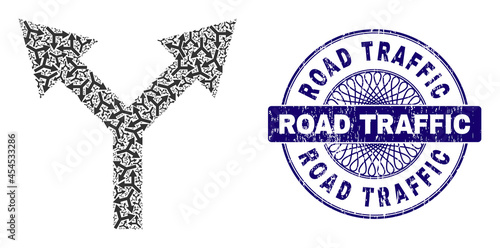 Fractal collage bifurcation arrow up and Road Traffic round grunge stamp print. Violet stamp seal includes Road Traffic caption inside circle and guilloche decoration.