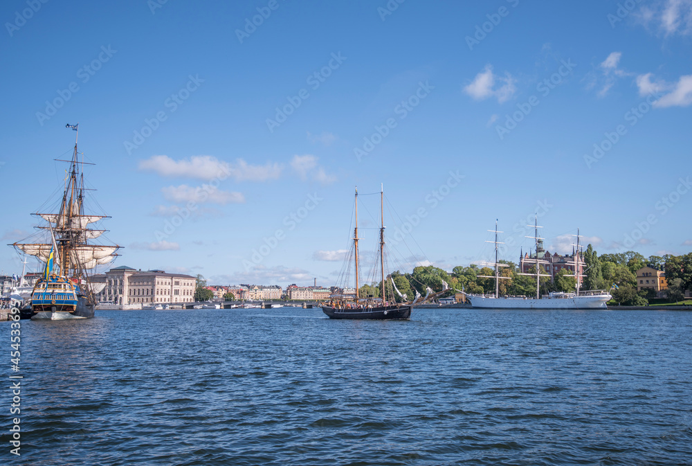 Various sailing ships in the harbor of Stockholm city. 