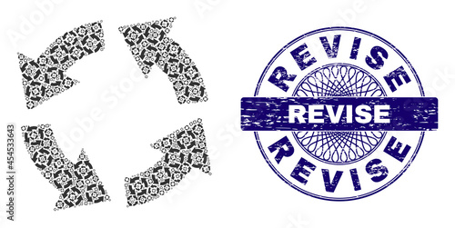 Fractal mosaic circulation and Revise round scratched stamp print. Violet stamp seal includes Revise title inside circle and guilloche ornament.