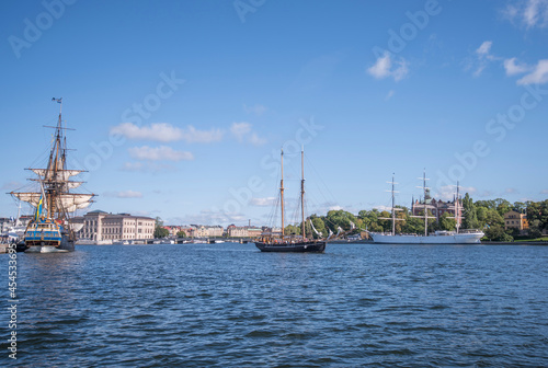 Various sailing ships in the harbor of Stockholm city. 