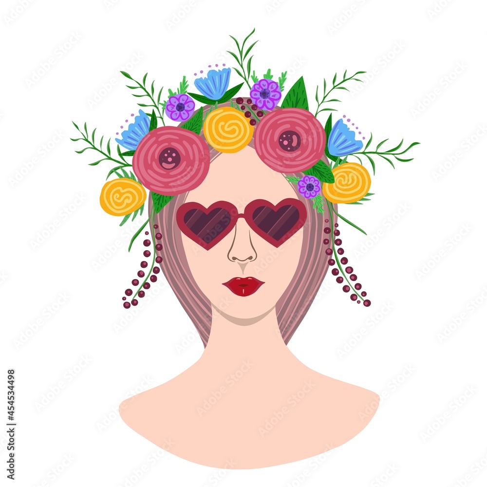Girl in sunglasses and flowers on her head on white background. Vector illustration for printing, logo, beauty saloon, covers, packaging, greeting cards, posters, stickers, textile, seasonal design.