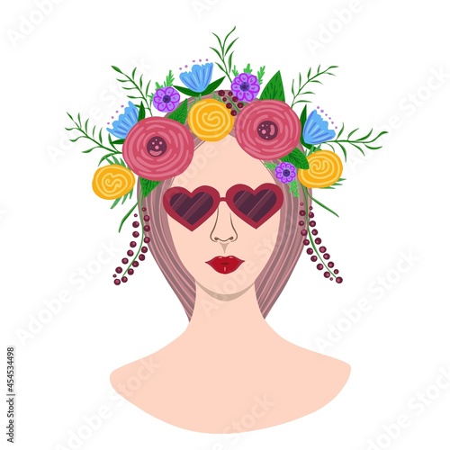 Girl in sunglasses and flowers on her head on white background. Vector illustration for printing, logo, beauty saloon, covers, packaging, greeting cards, posters, stickers, textile, seasonal design.