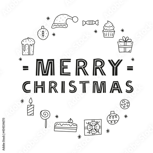 Colored doodle Christmas and New Year icons in circle.