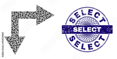 Recursion mosaic bifurcation arrow right down and Select round dirty stamp imitation. Blue stamp includes Select title inside circle and guilloche style.