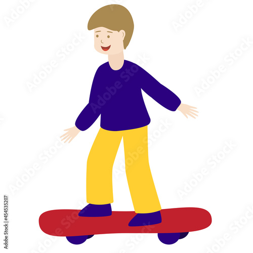 little boy ride skateboard Young skater on longboard Vector illustration Isolated on white background