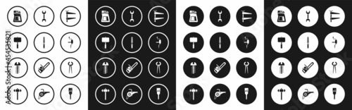 Set Clamp tool, Chisel for wood, Sledgehammer, Cement bag, Hand drill, Wrench spanner, Pincers pliers and Metallic screw icon. Vector