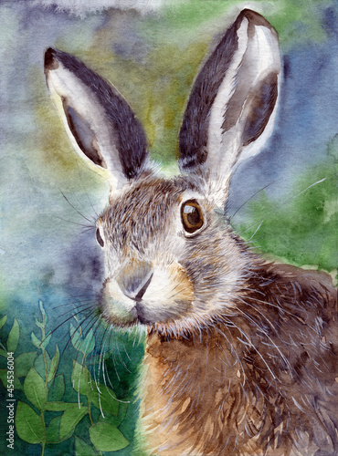 Watercolor illustration of a fluffy gray rabbit or hare with long ears on a gray-green background with green leaves  © Мария Тарасова