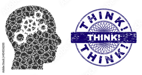 Recursion mosaic brain gears and Think! round textured stamp seal. Blue stamp includes Think! tag inside circle and guilloche pattern.
