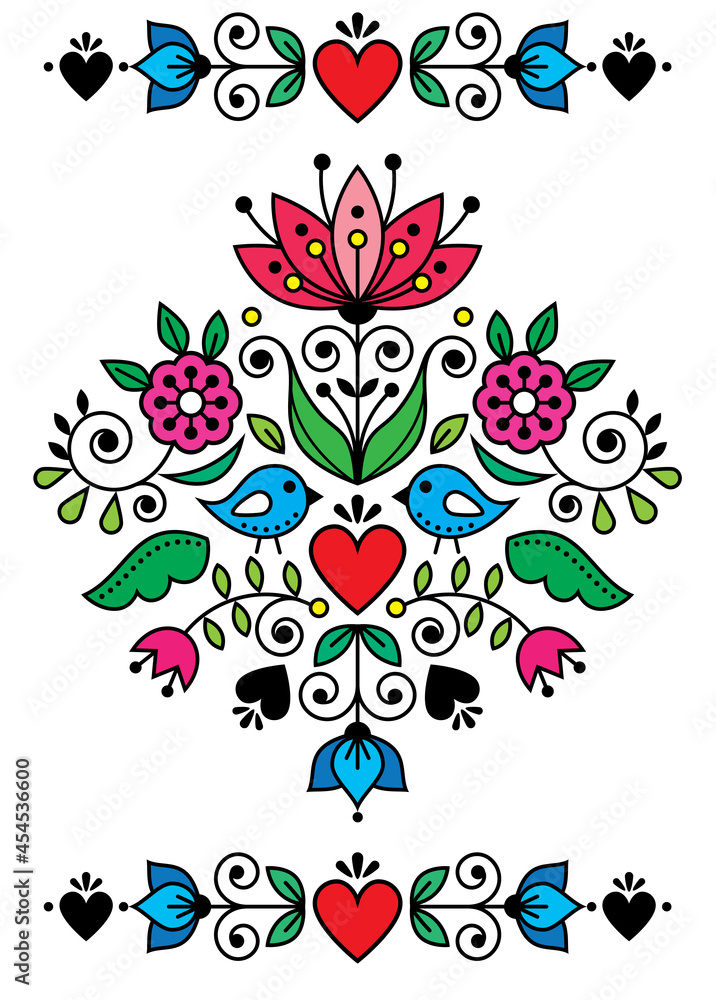 Naklejka Swedish folk art vector greeting card or invitation design with birds and floral motif, colorful pattern inspired by the traditional Scandinavian art