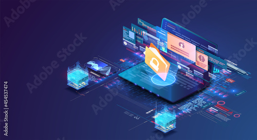 The concept of a data protection website, prohibited entry. The concept of online security. The laptop is protected by a screen and a lock, entering a personal password. Isometric vector illustration