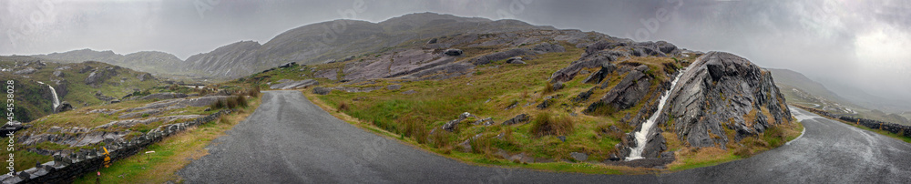 Killarney Ireland Ring of Kerry. Road in the mountains. Foggy day. Rainy. Panorama.