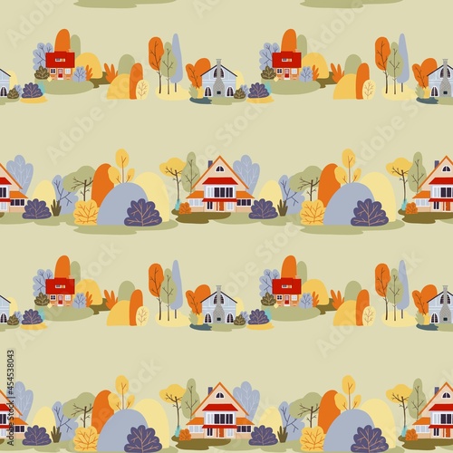 Vector seamless pattern. Autumn village, houses, landscape, cottages, countryside 