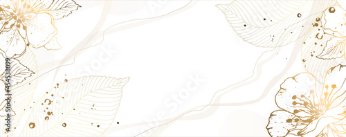 Luxurious golden wallpaper. Golden cherry flowers with shiny light texture and leaves. Modern art mural wallpaper. White background and gold spots. Vector illustration.