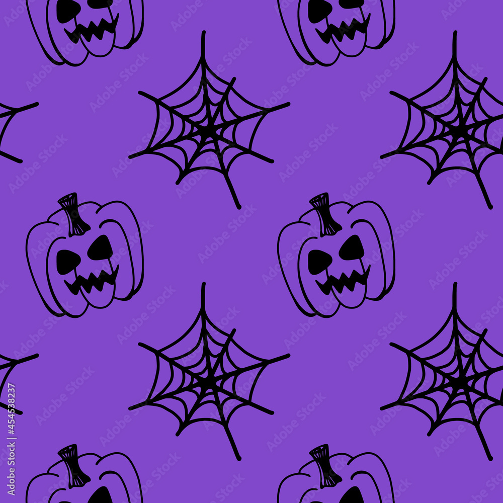 Vector halloween seamless pattern pumpkins, cobweb isolated. Funny and cute illustration for seasonal design, textile, decoration kids playroom or greeting card. Hand drawn prints and doodle.