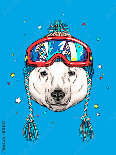 Cute cartoon polar bear in winter hat and ski goggles. Stylish image for printing on any surface	