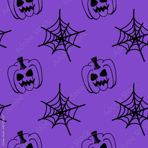 Vector halloween seamless pattern pumpkins, cobweb isolated. Funny and cute illustration for seasonal design, textile, decoration kids playroom or greeting card. Hand drawn prints and doodle.