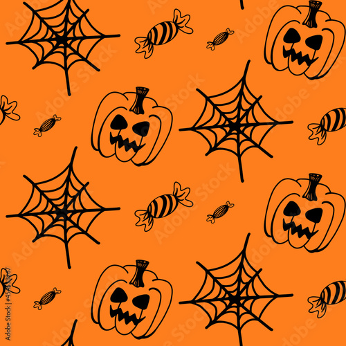 Vector halloween seamless pattern pumpkins, cob web, sweets and candies clipart on the orange. Funny, cute illustration for seasonal design, textile, decoration kids playroom or greeting card. 