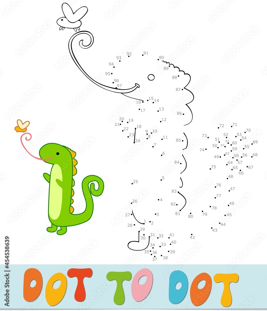 Dot to dot puzzle for children. Connect dots game. Iguana vector illustration Dot to dot puzzle for children. Connect dots game. Iguana vector illustration