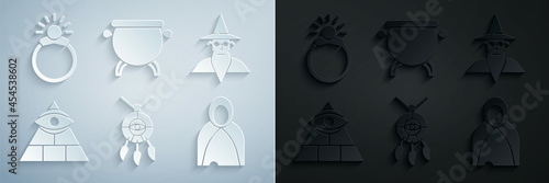 Set Dream catcher with feathers, Wizard warlock, Masons, Mantle, cloak, cape, Witch cauldron and Magic stone ring gem icon. Vector