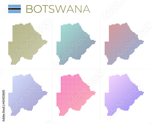 Botswana dotted map set. Map of Botswana in dotted style. Borders of the country filled with beautiful smooth gradient circles. Awesome vector illustration.