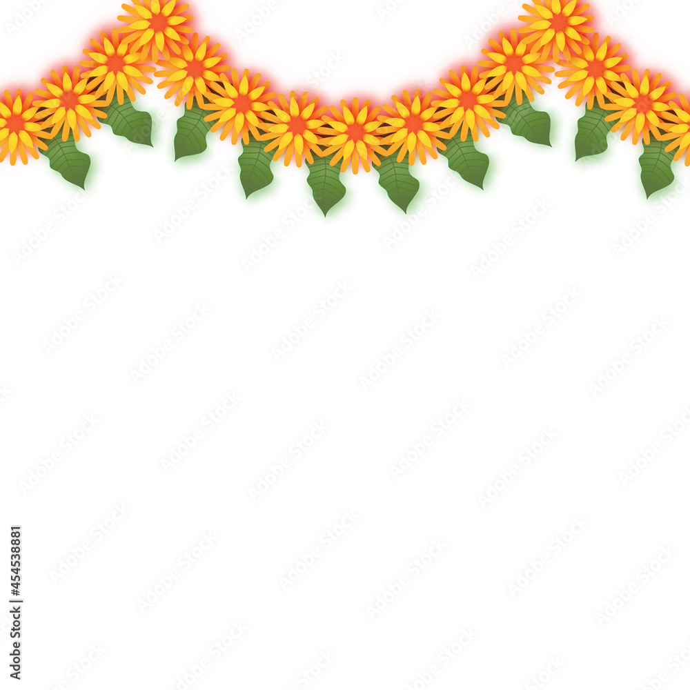 Marigold. Green Leaf Garland. Yellow Orange Paper Cut Flower. Indian Festival Flower and Mango leaf. Happy Diwali, Dasara, Dussehra, Ugadi. Decorative Elements for Indian Celebration.