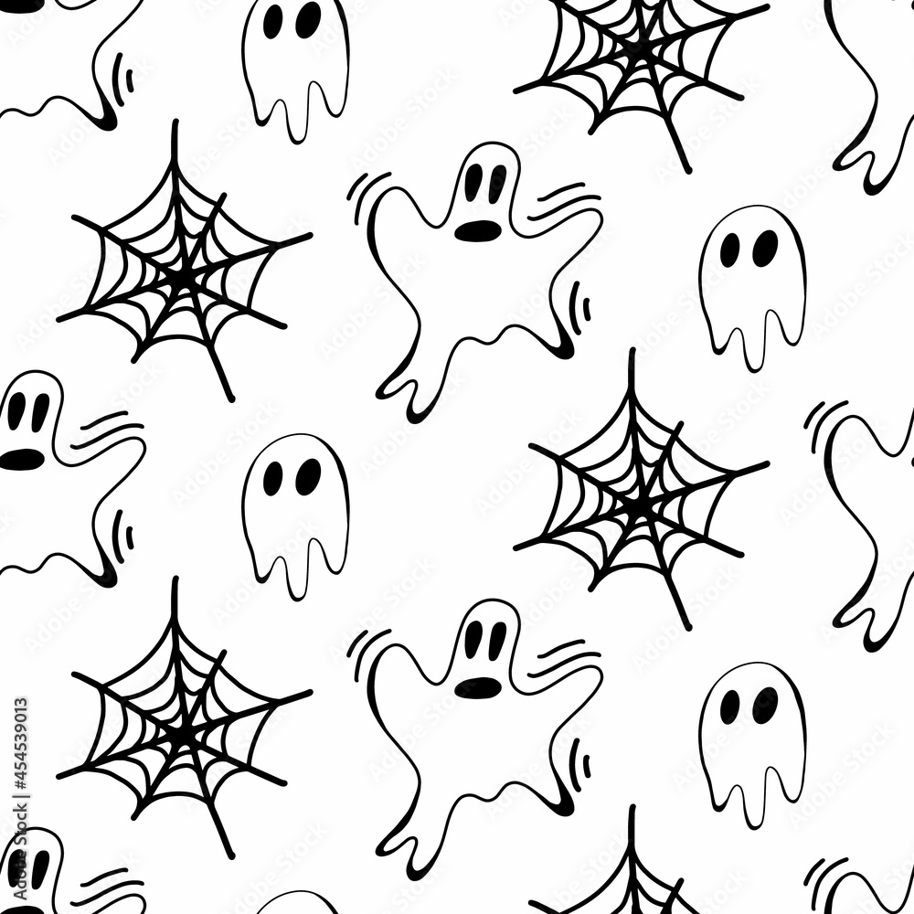 Vector halloween ghost, cobweb seamless pattern isolated on white background. Cute illustration for seasonal design, textile, decoration kids playroom or greeting card. Hand drawn prints and doodle. Vector halloween ghost, cobweb seamless pattern isolated on white background. Cute illustration for seasonal design, textile, decoration kids playroom or greeting card. Hand drawn prints and doodle.