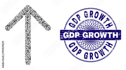 Fractal collage arrow up and GDP Growth round grunge stamp seal. Blue stamp seal includes GDP Growth tag inside circle and guilloche technique.