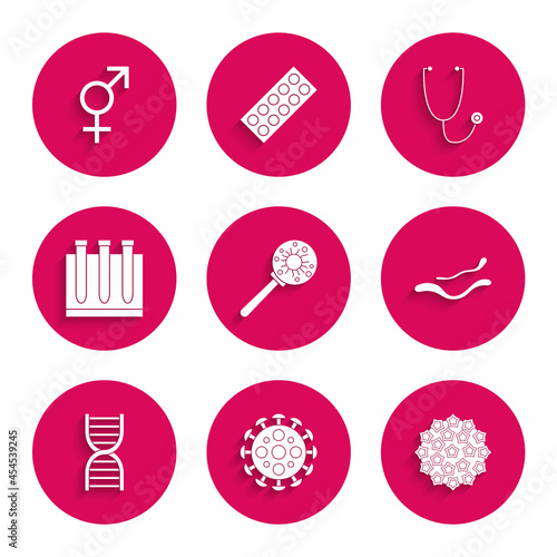 Set Virus under magnifying glass, Ebola virus disease, DNA symbol, Blood test and, Stethoscope and Gender icon. Vector