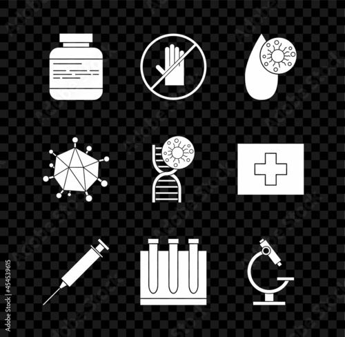 Set Medicine bottle and pills, No handshake, Blood test virus, Syringe, Microscope, Virus and DNA symbol icon. Vector