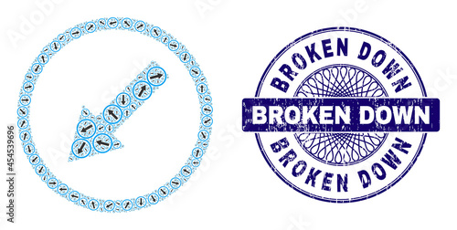 Fractal collage down-left rounded arrow and Broken Down round unclean seal. Blue stamp seal includes Broken Down tag inside circle and guilloche technique.