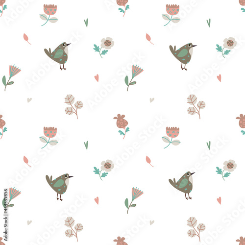 Seamless pattern with cute cartoon birds and flowers on a white background. Vector illustration in minimalistic flat style  hand drawing. Children s print for textiles  print design. Pastel color