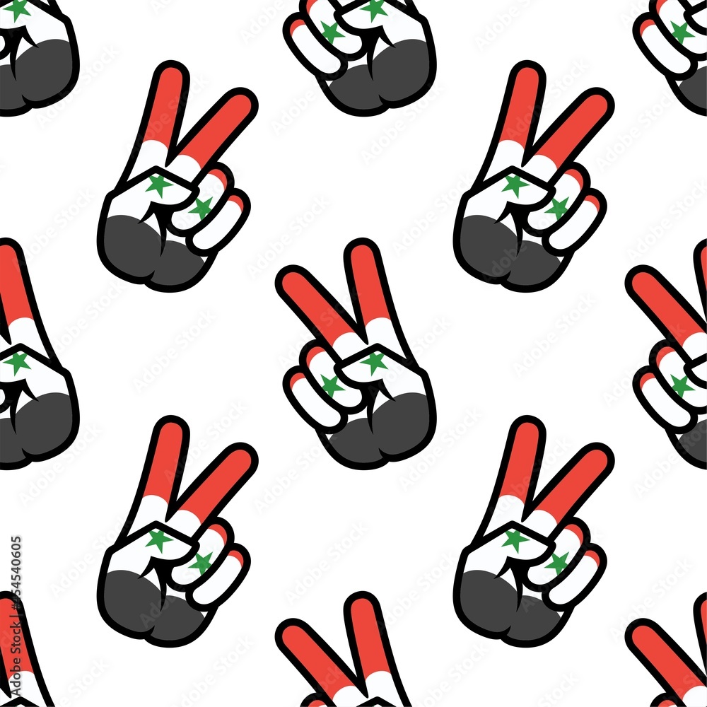 Syria flag in the form of a peace sign. Seamless background. Gesture V victory sign, patriotic sign, icon for apps, websites, T-shirts, souvenirs, etc., isolated on white background Syria flag in the form of a peace sign. Seamless background. Gesture V victory sign, patriotic sign, icon for apps, websites, T-shirts, souvenirs, etc., isolated on white background